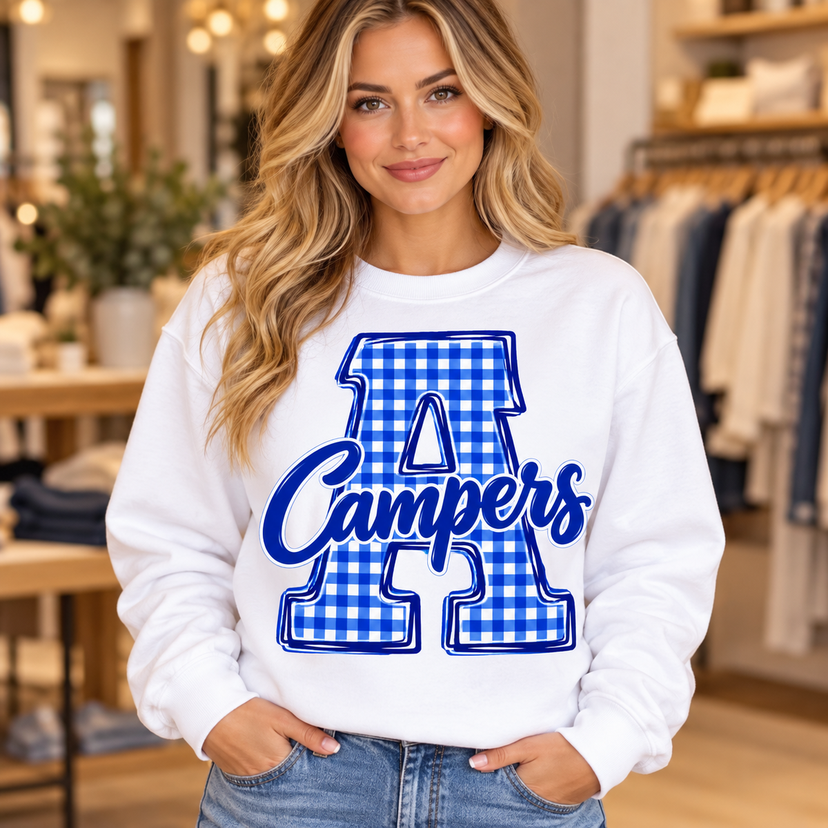 Allegany A Campers gingham white crew