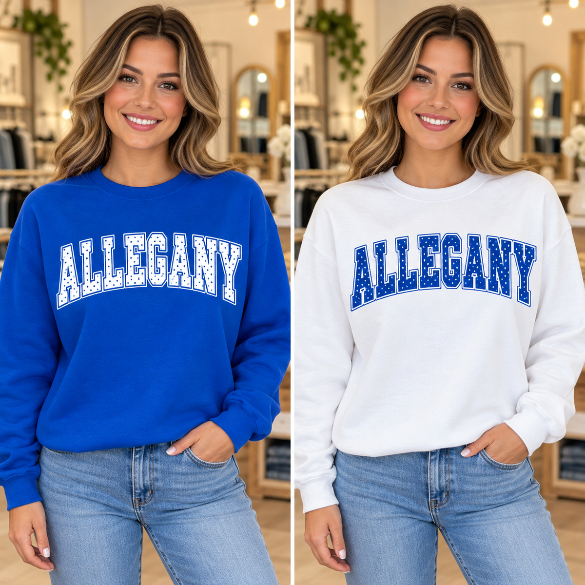 Allegany polka dot crewneck in royal blue and white