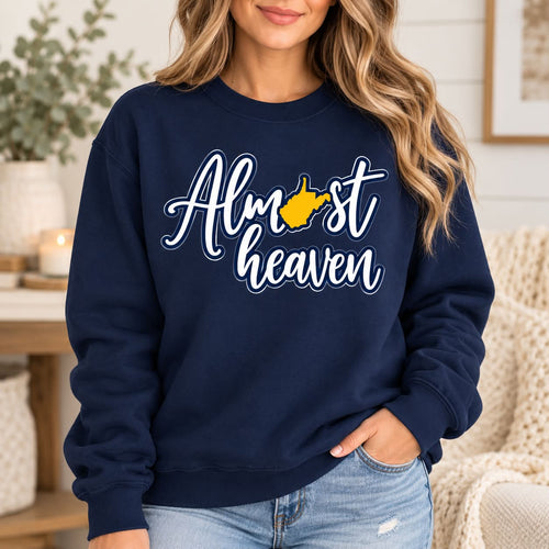 Almost Heaven WV Navy Crewneck woman model mockup