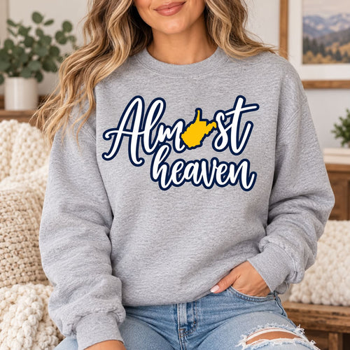 Almost Heaven WV Sport Grey Crewneck woman model mockup