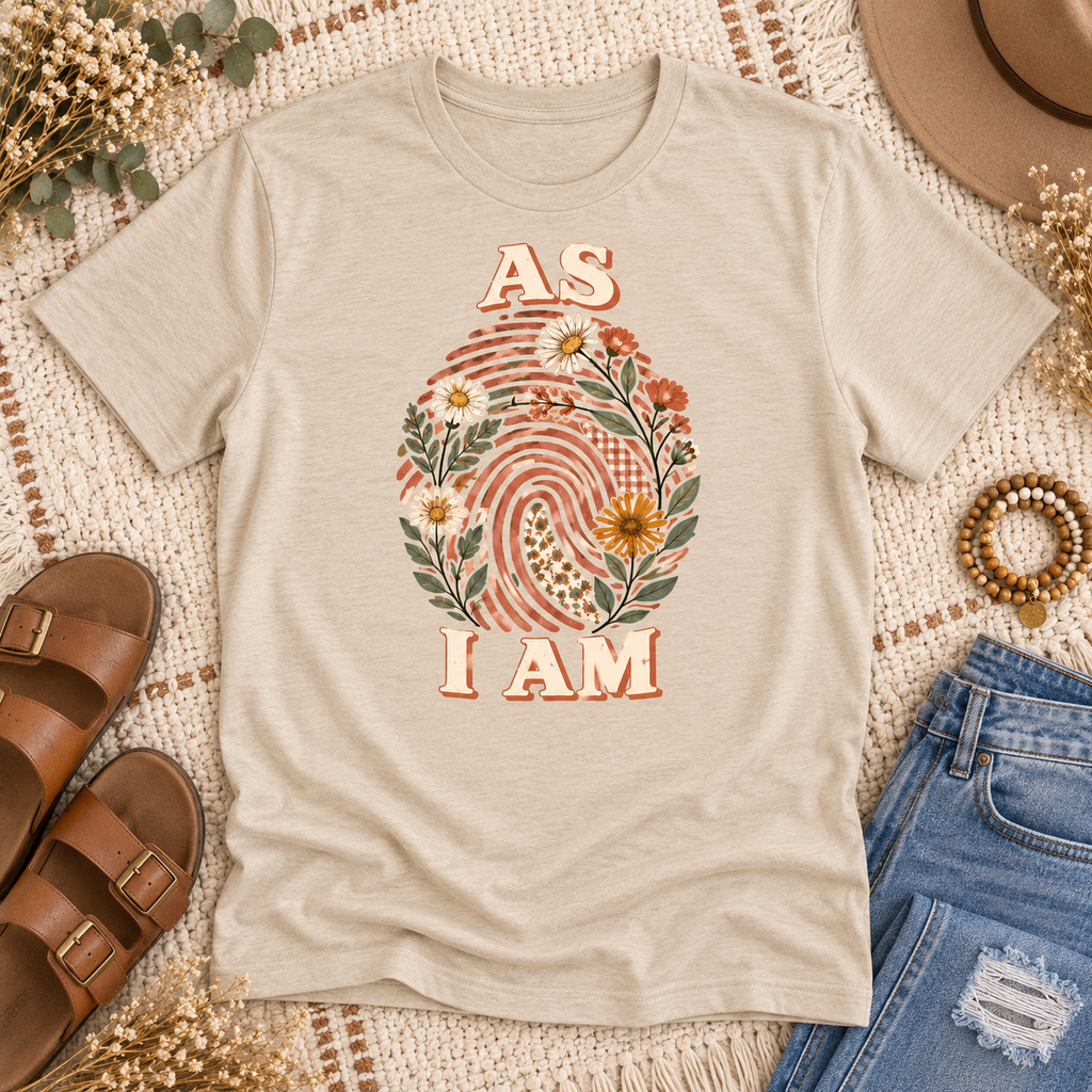 As I Am botanical fingerprint warm sand boutique tee flat lay