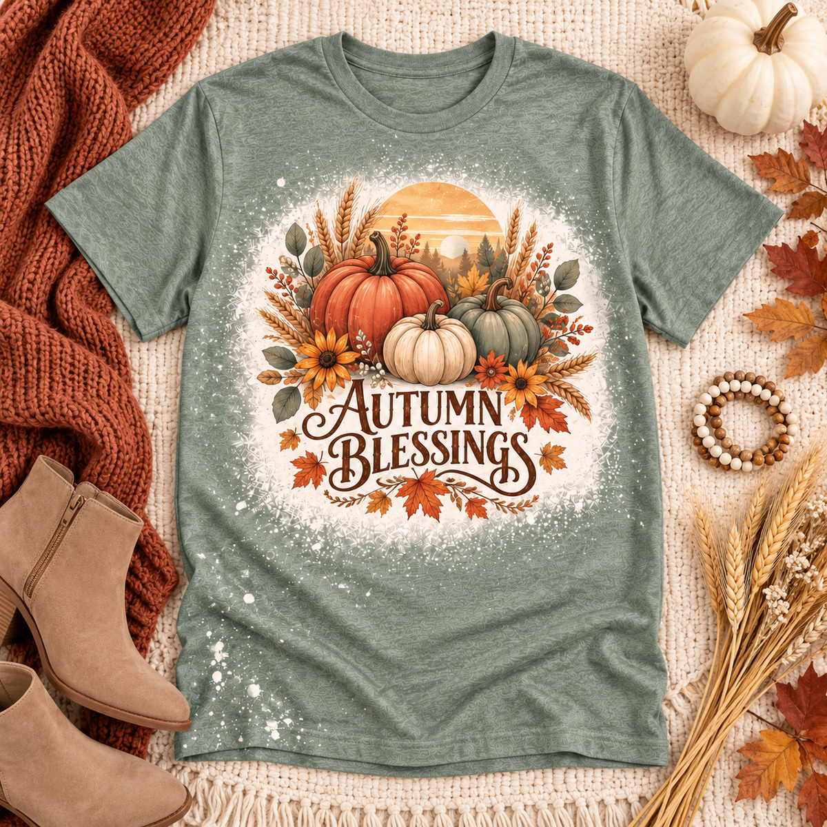 Sage green bleached Autumn Blessings fall graphic tee flat lay