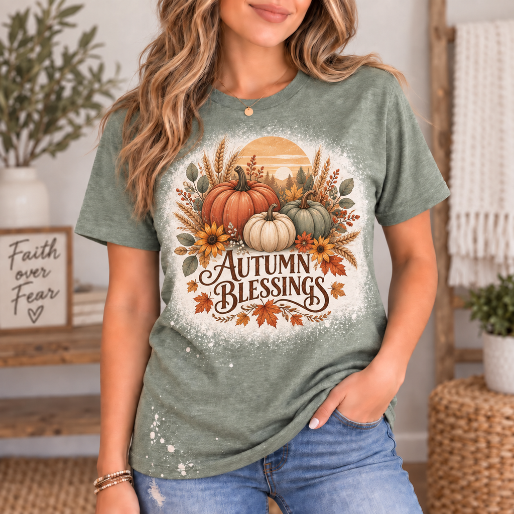Woman wearing sage green bleached Autumn Blessings fall graphic tee