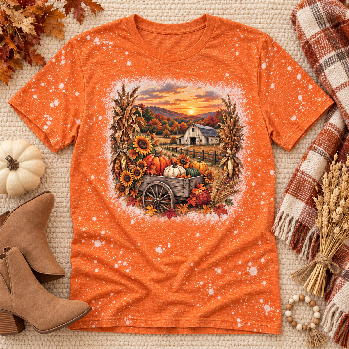 Orange bleached Appalachian harvest graphic tee flat lay