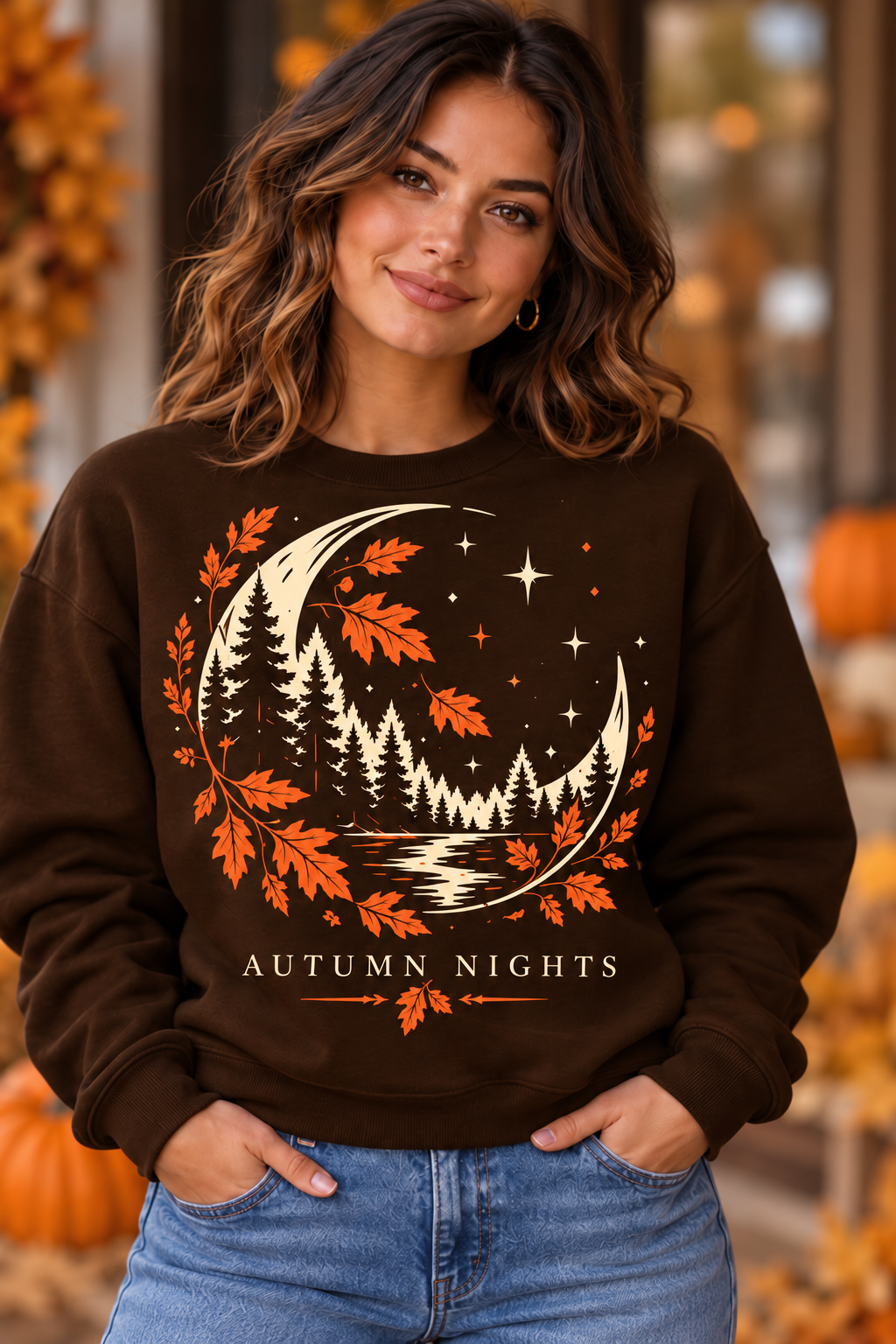 Autumn Nights chocolate brown crewneck boutique model mockup