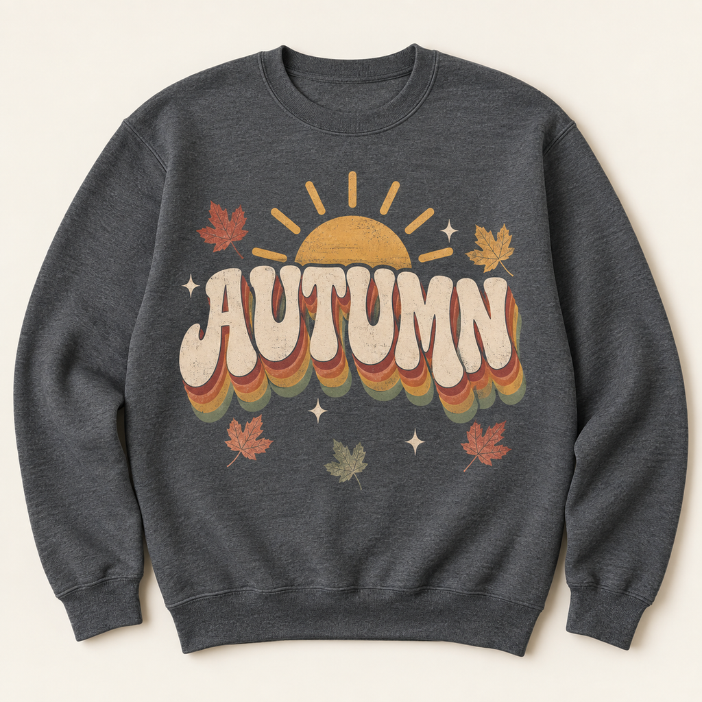 Autumn Sunrise Retro Dark Heather crewneck sweatshirt flat mockup
