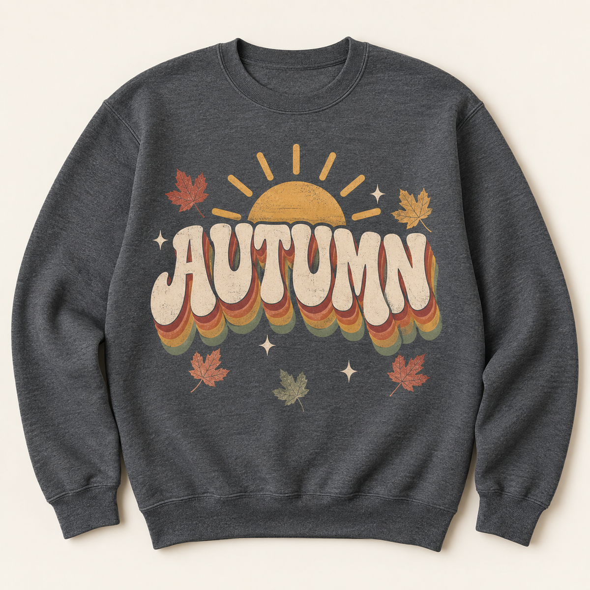 Autumn Sunrise Retro Dark Heather crewneck sweatshirt flat mockup