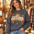Woman wearing Autumn Sunrise Retro Dark Heather crewneck sweatshirt