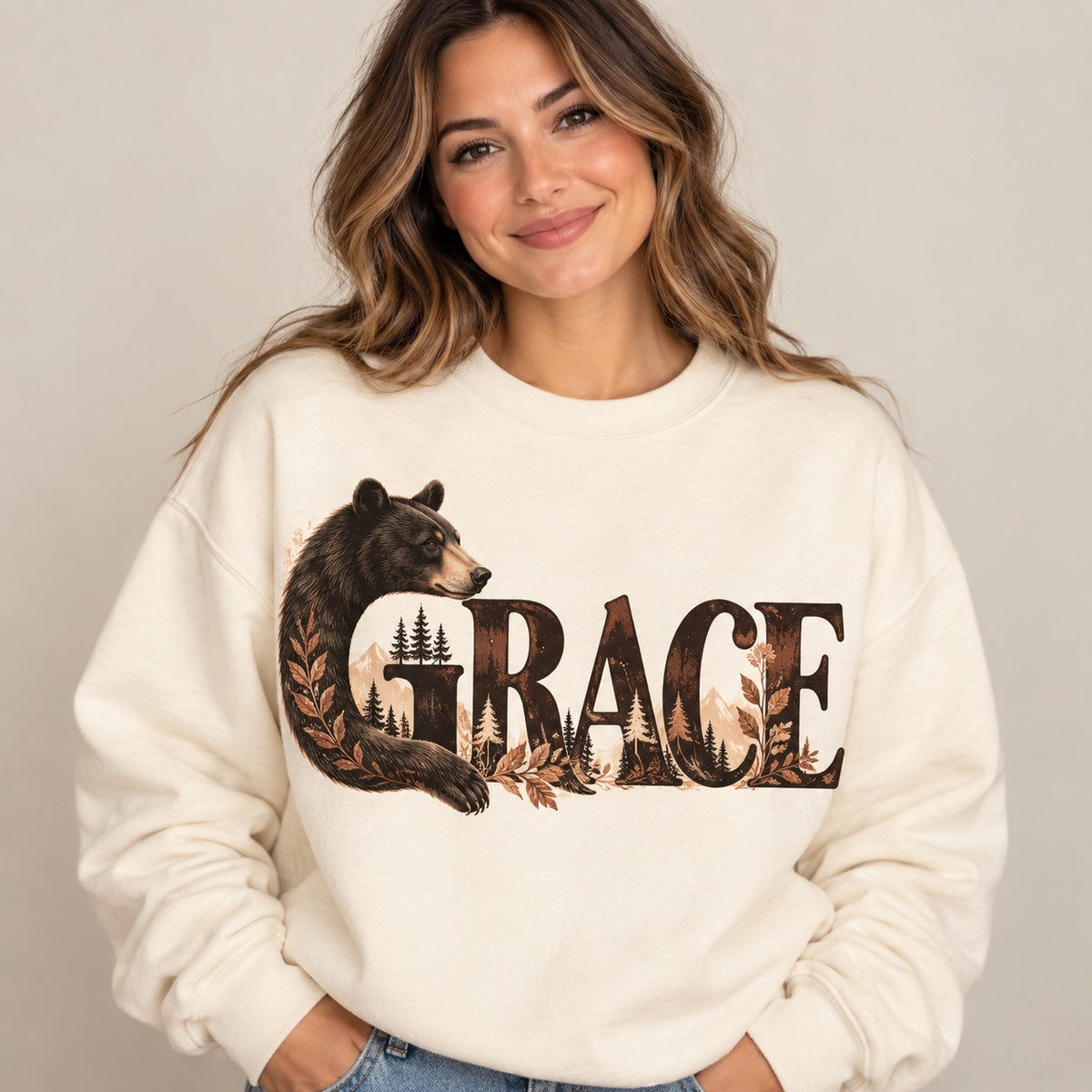 GRACE bear design on cream crewneck sweatshirt