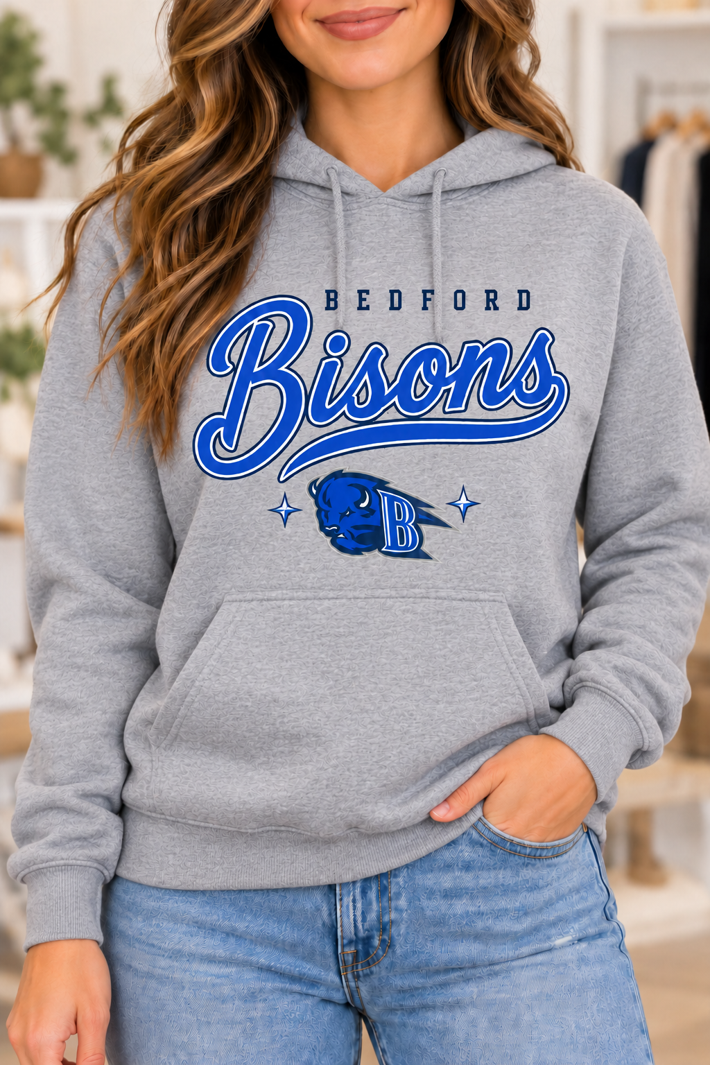 Bedford script-logo Sport Gray Hoodie on boutique woman