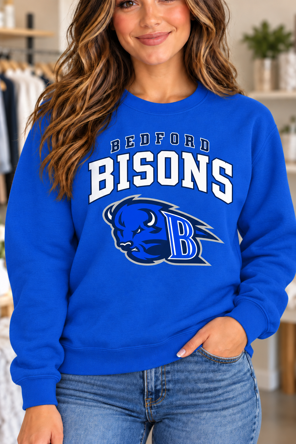 Bedford varsity-logo Royal Crewneck on boutique woman