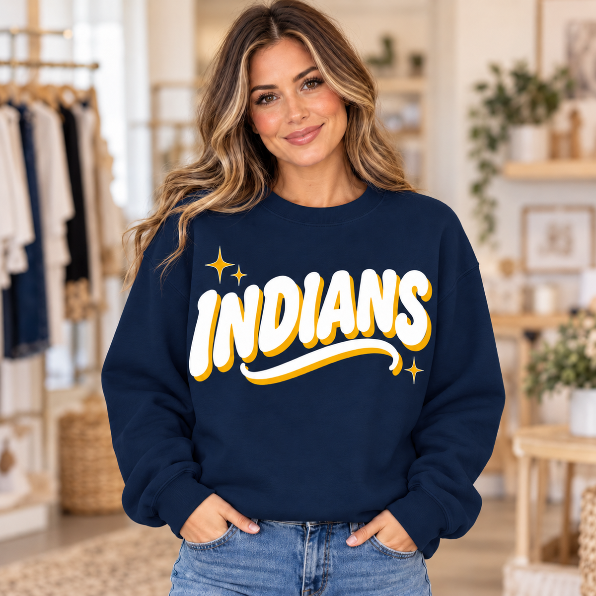 Indians Retro Crewneck in navy and gold on Navy