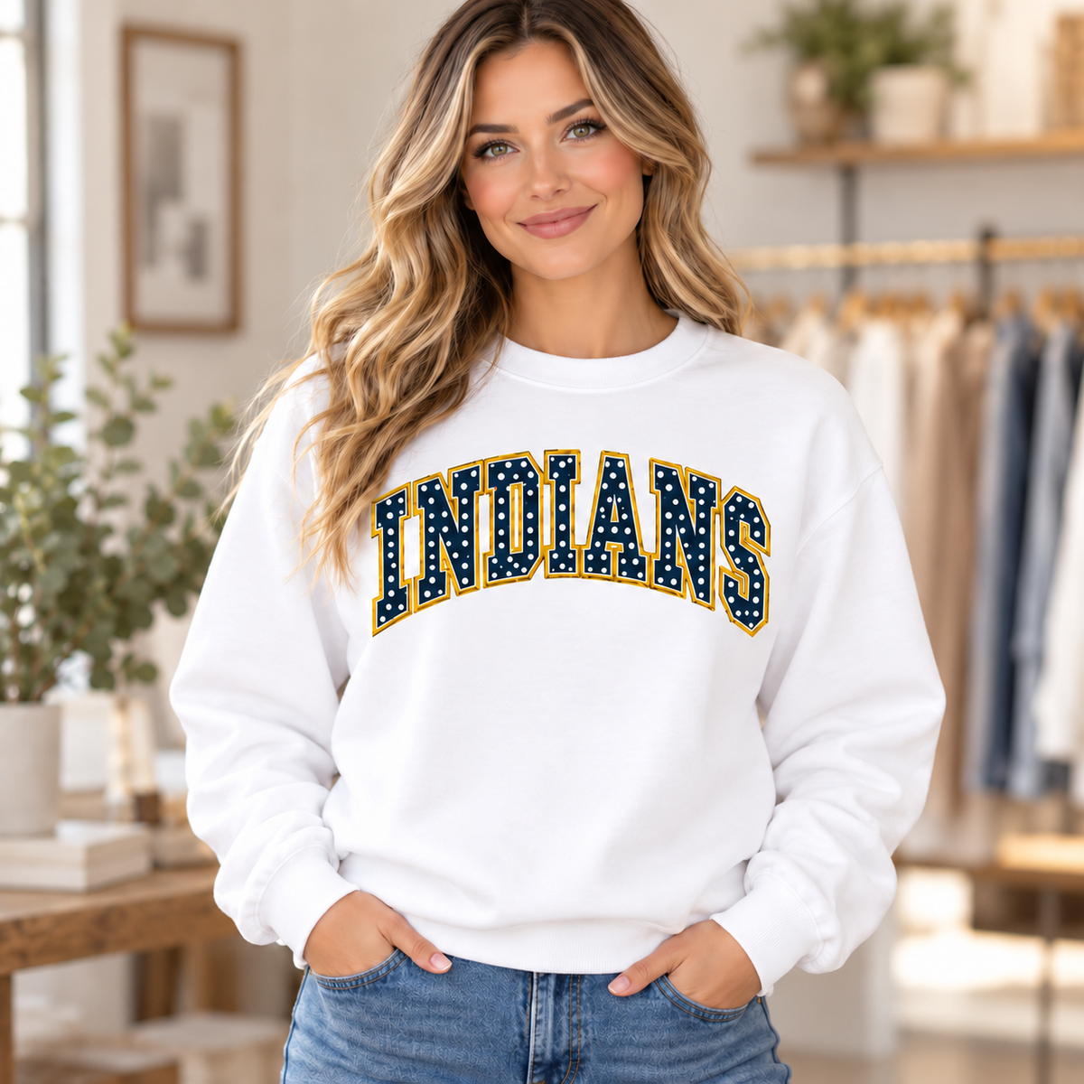 Indians Polka Dot Crewneck in navy and gold on White