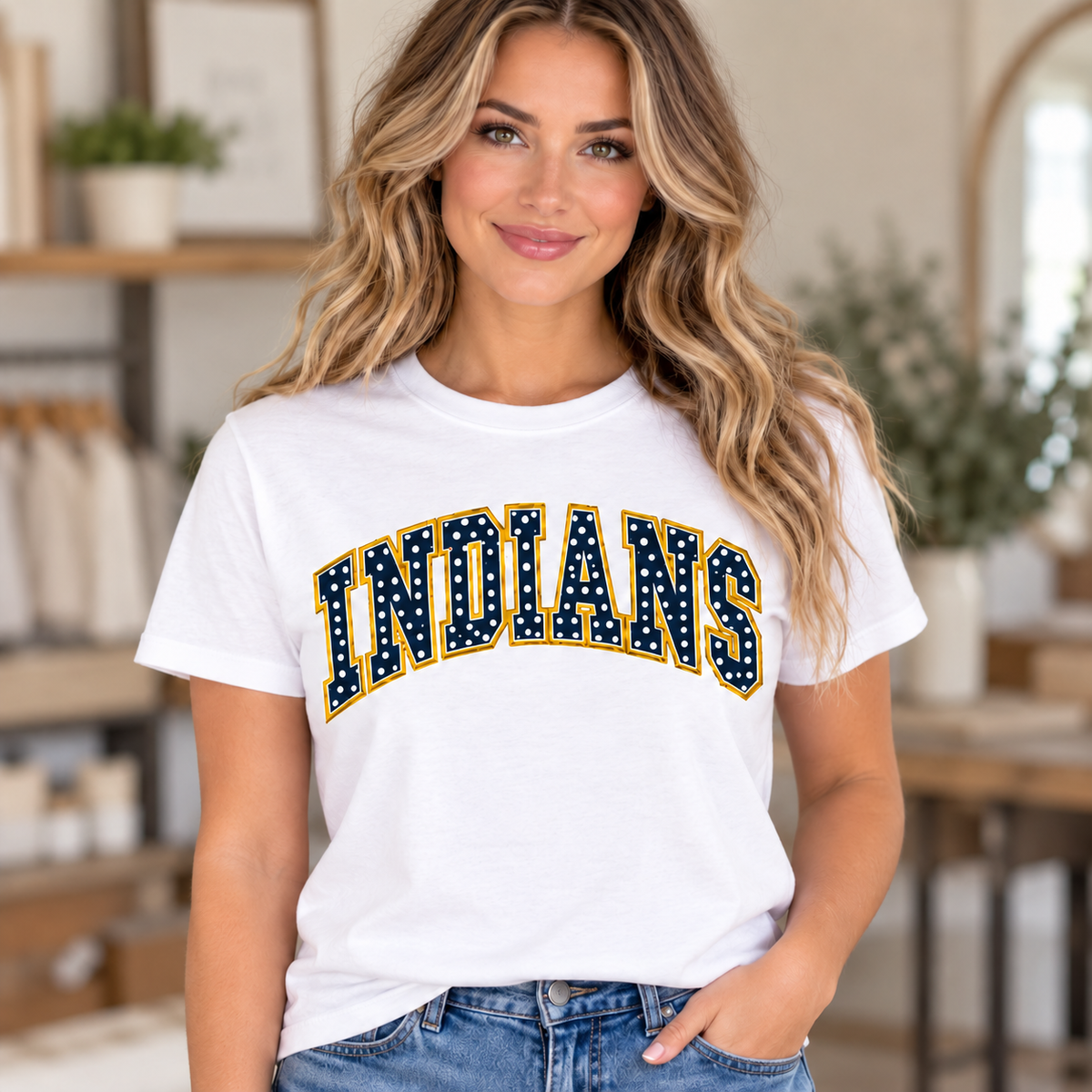 Indians Polka Dot T-Shirt in navy and gold on White