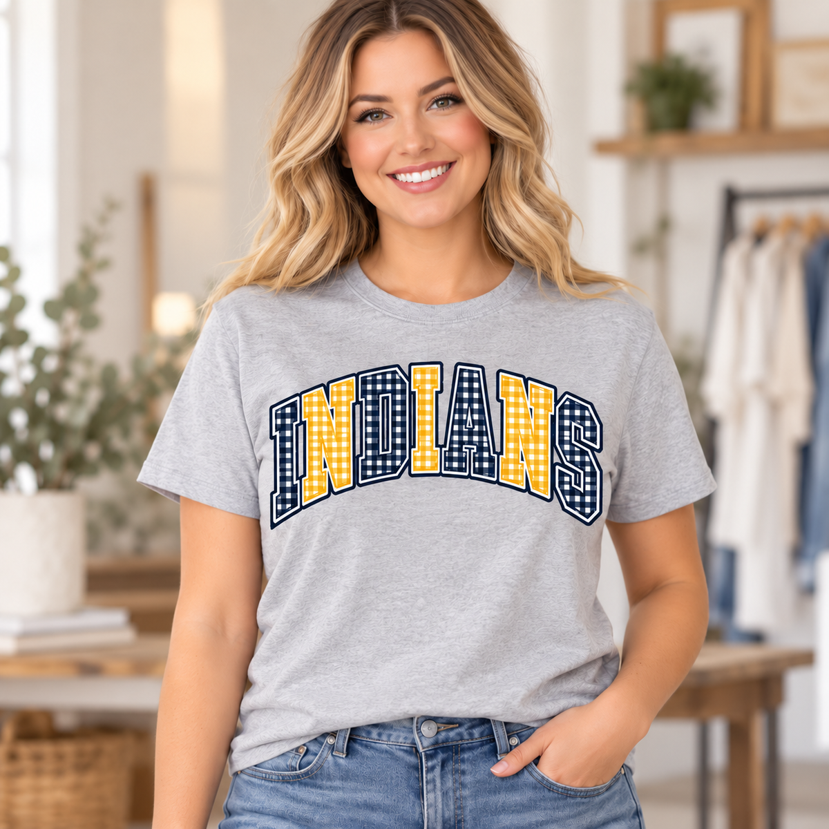Indians Gingham T-Shirt in navy and gold on Sport Gray