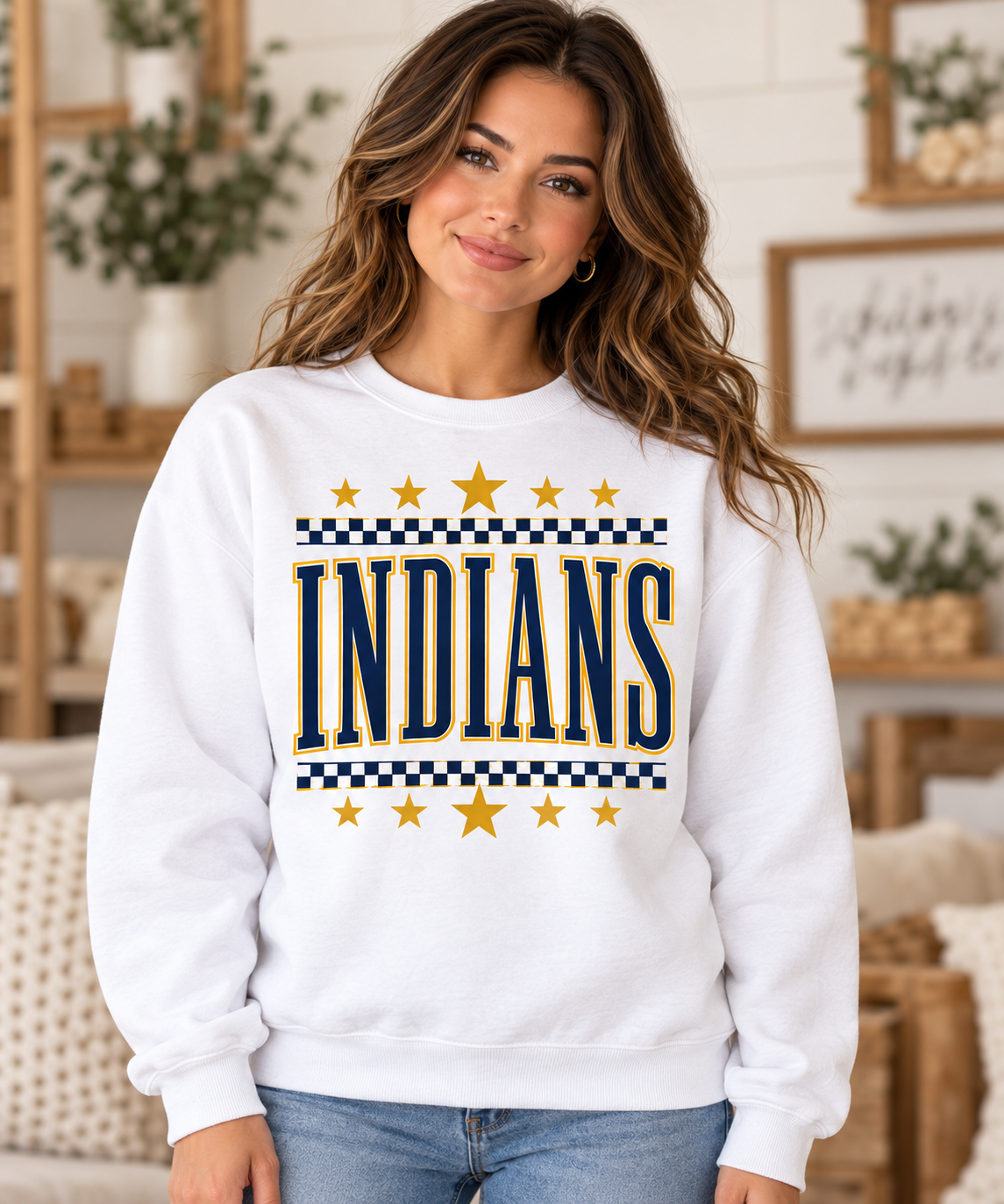 Berkeley Springs Indians Checkerboard Stars White Crewneck