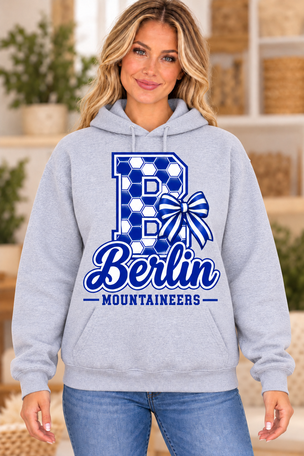 Berlin Mountaineers Honeycomb B Monogram Bow Sport Gray Hoodie girl mockup