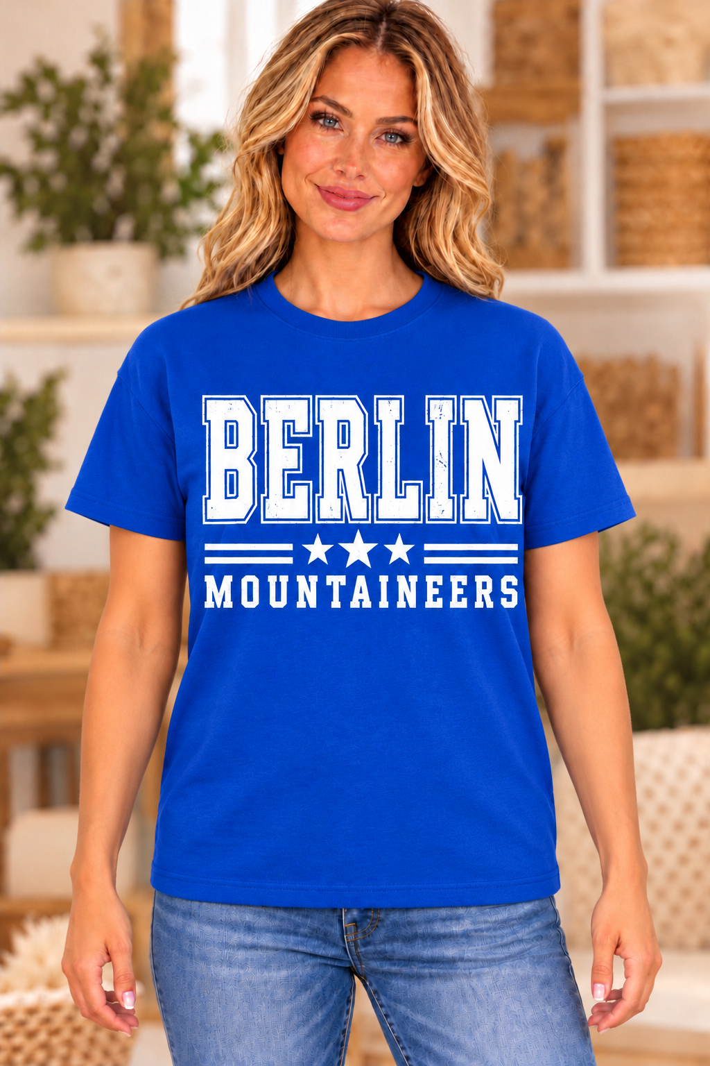 Berlin Mountaineers Royal Varsity Power Royal Blue T-Shirt girl mockup