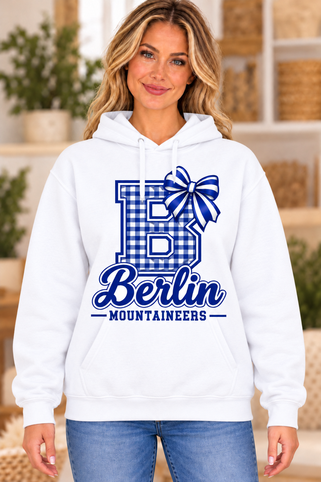 Berlin Mountaineers Gingham B Bow White Hoodie girl mockup
