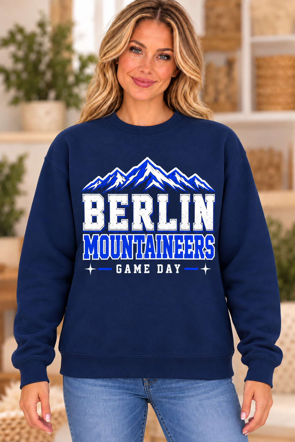 Berlin Mountaineers Mountain Game Day Navy Crewneck girl mockup