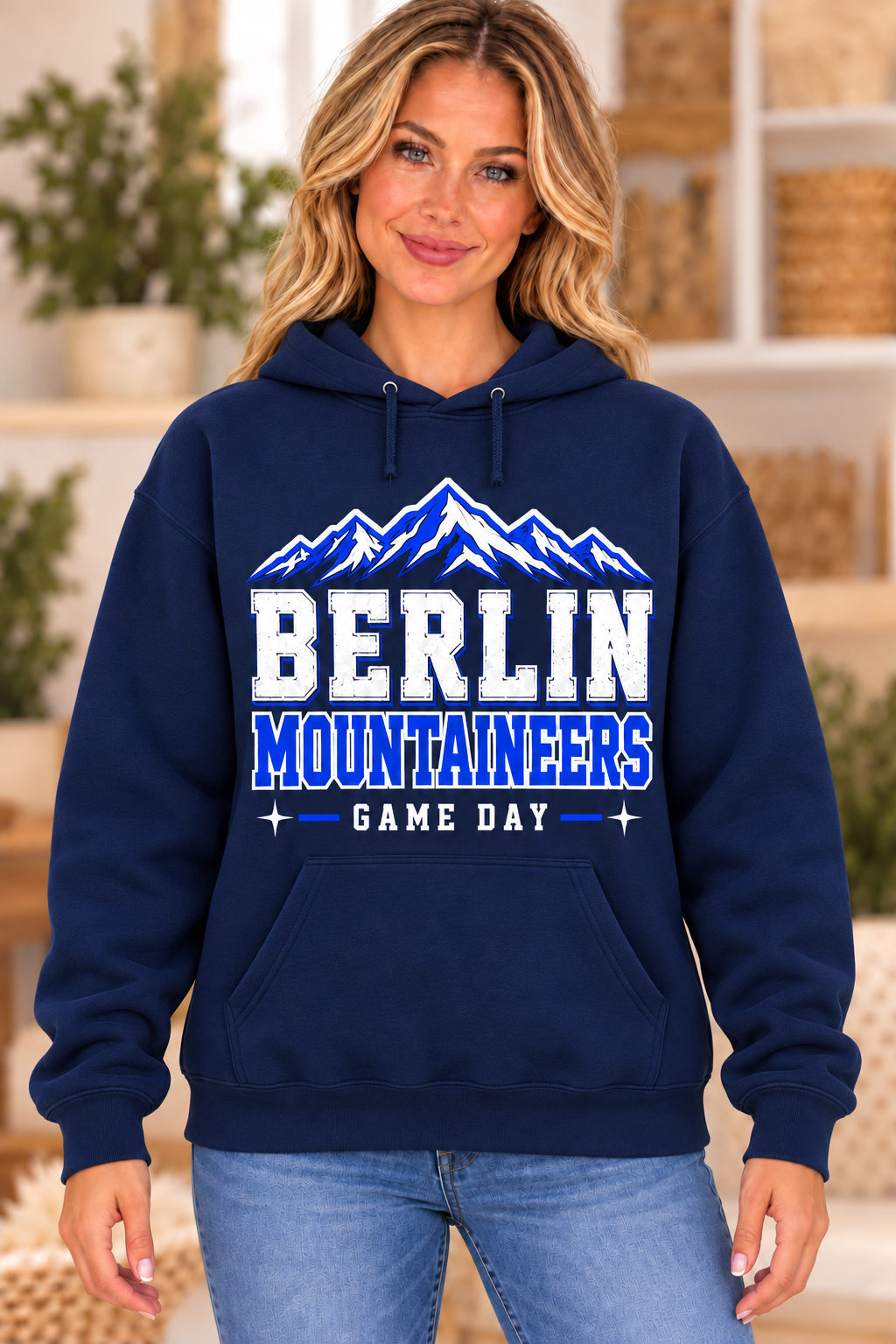 Berlin Mountaineers Mountain Game Day Navy Hoodie girl mockup