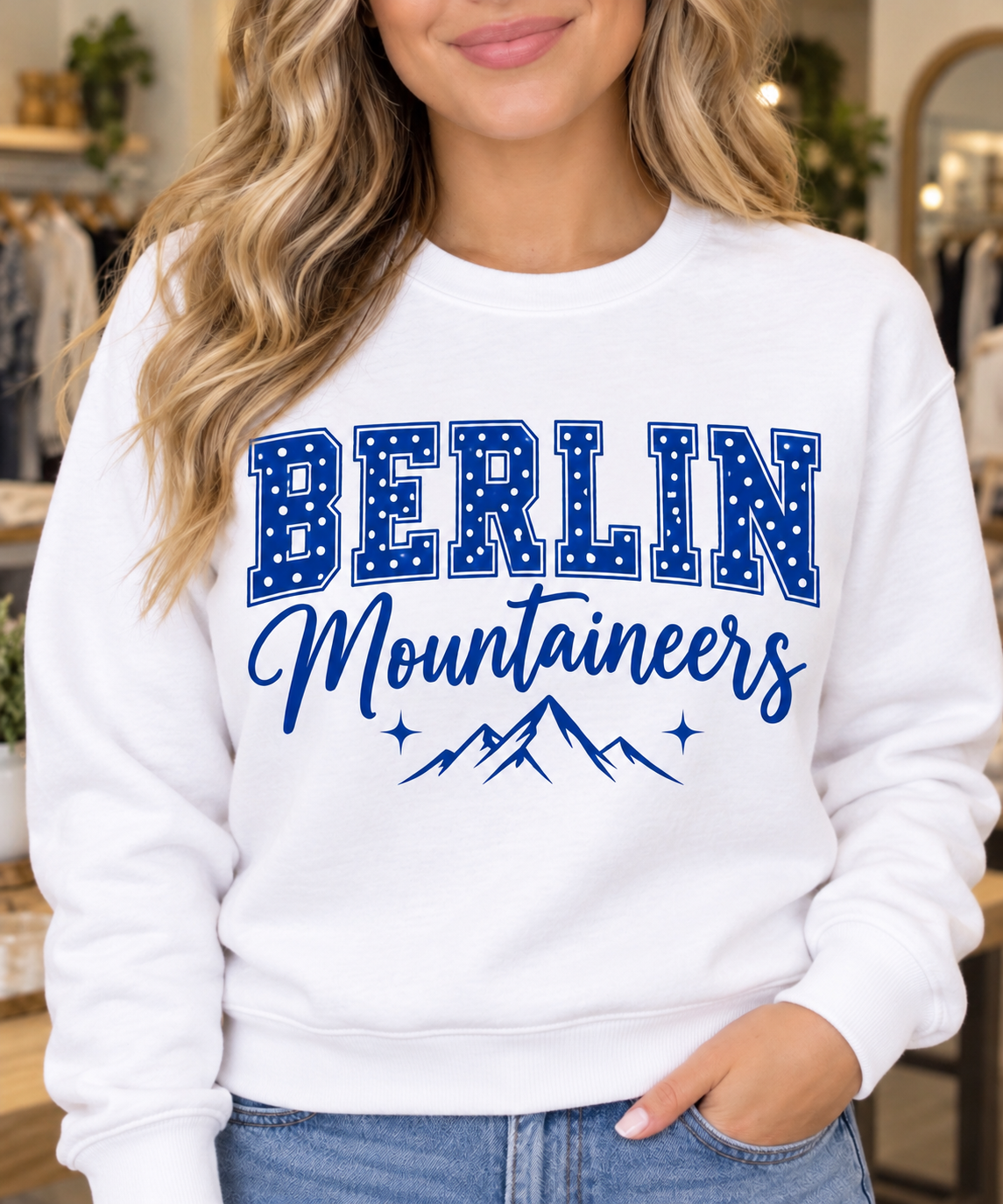 Berlin Mountaineers Polka Dot White Crewneck boutique woman mockup