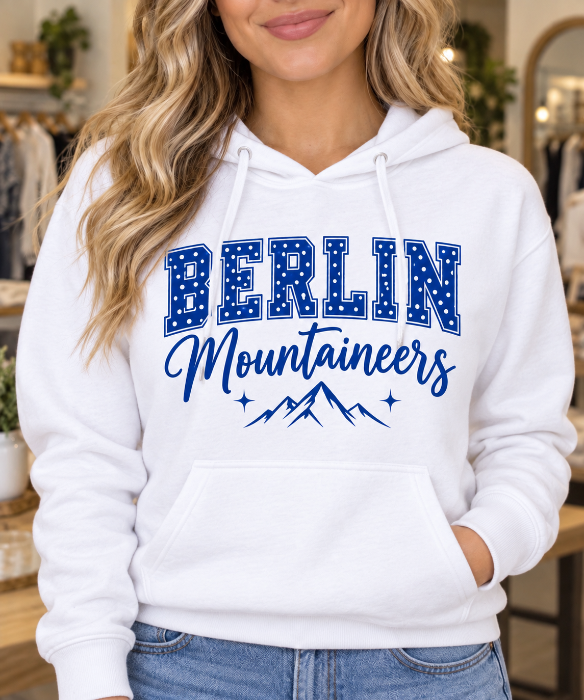 Berlin Mountaineers Polka Dot White Hoodie boutique woman mockup