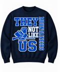 Berlin Mountaineers They Not Like Us design on a navy crewneck mockup