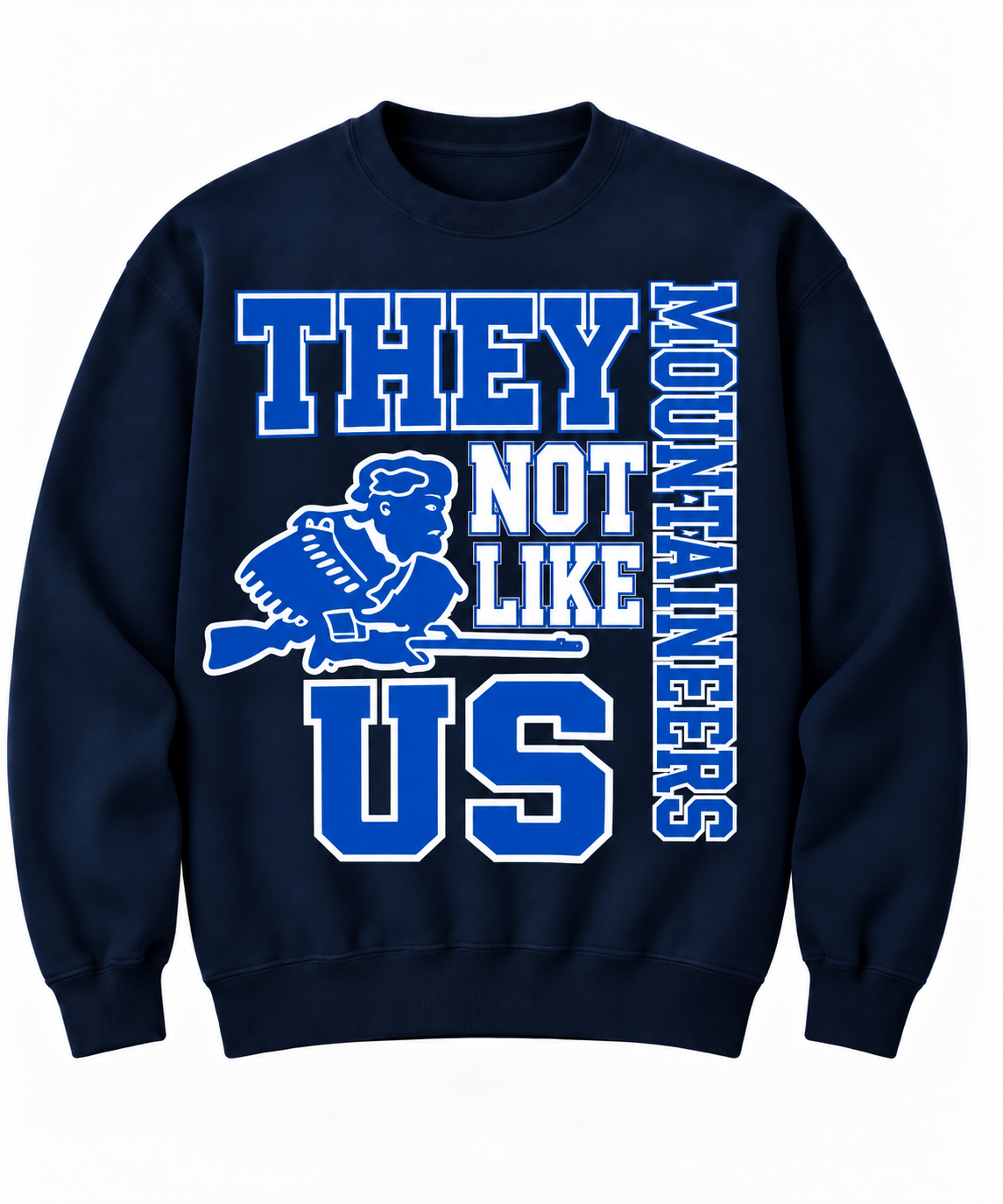 Berlin Mountaineers They Not Like Us design on a navy crewneck mockup