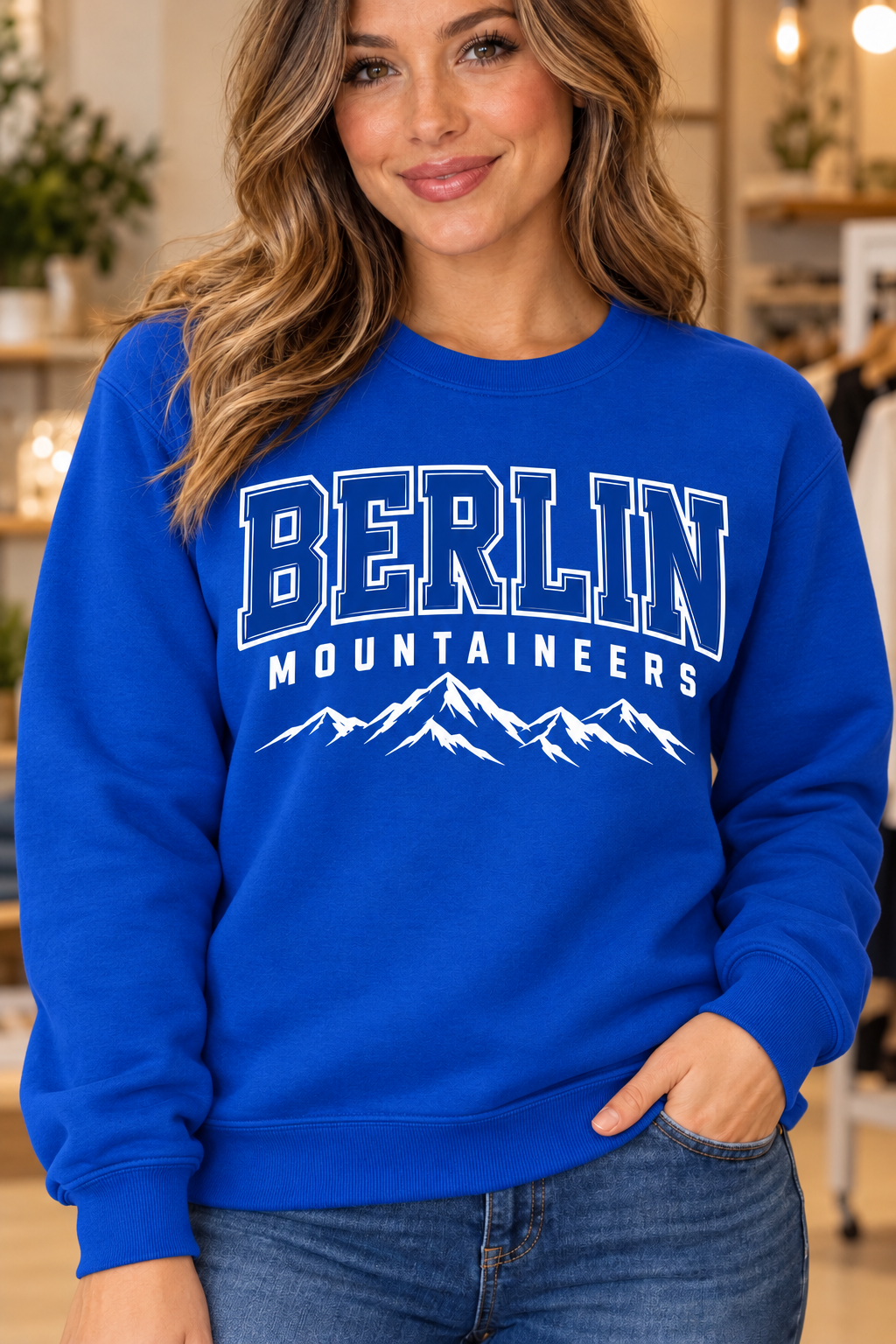 Berlin Mountaineers Varsity Mountain Royal Blue Crewneck boutique woman mockup