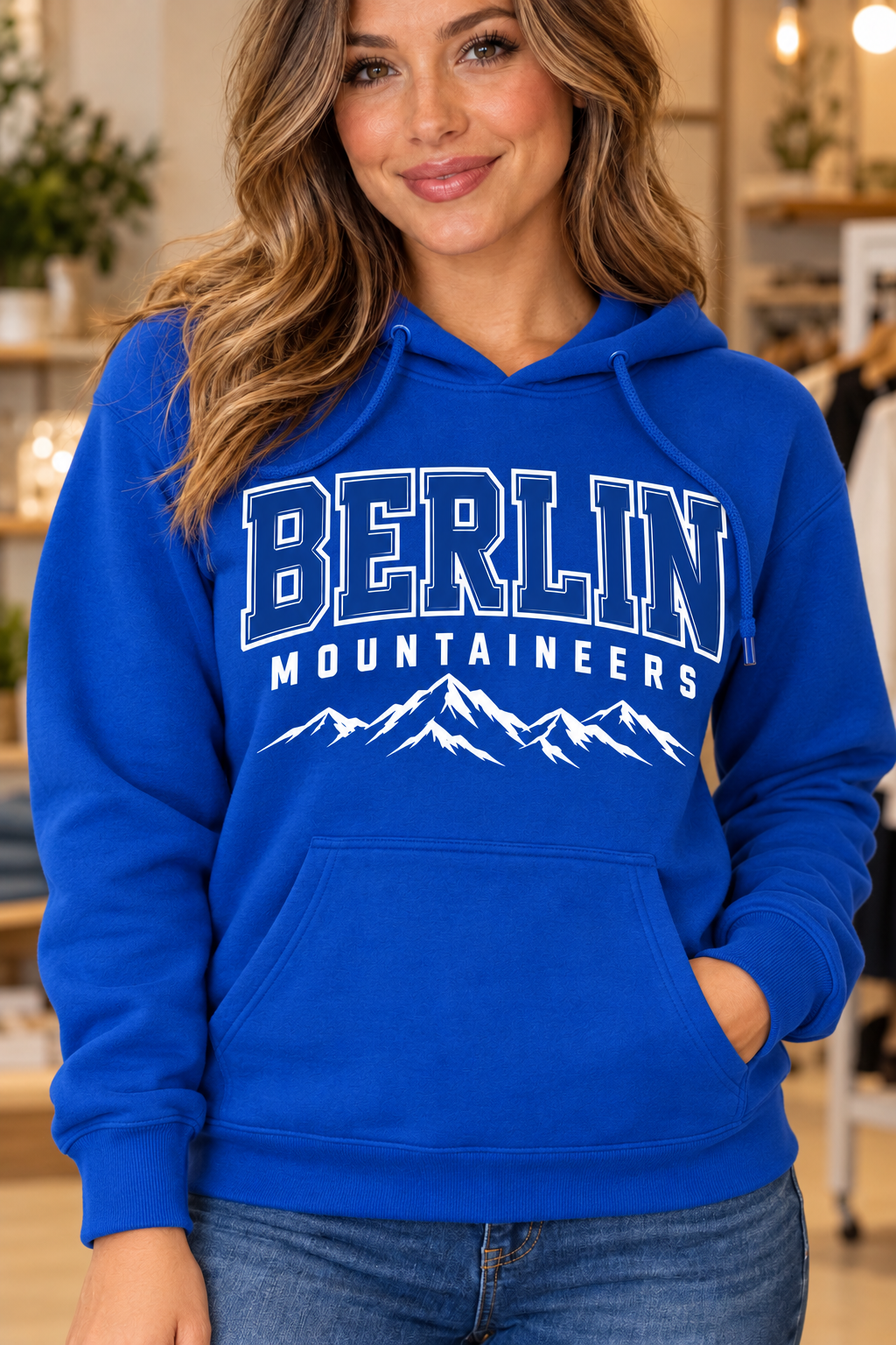 Berlin Mountaineers Varsity Mountain Royal Blue Hoodie boutique woman mockup