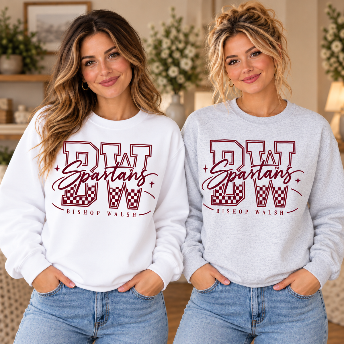 Bishop Walsh white and ash gray crewneck square mockup