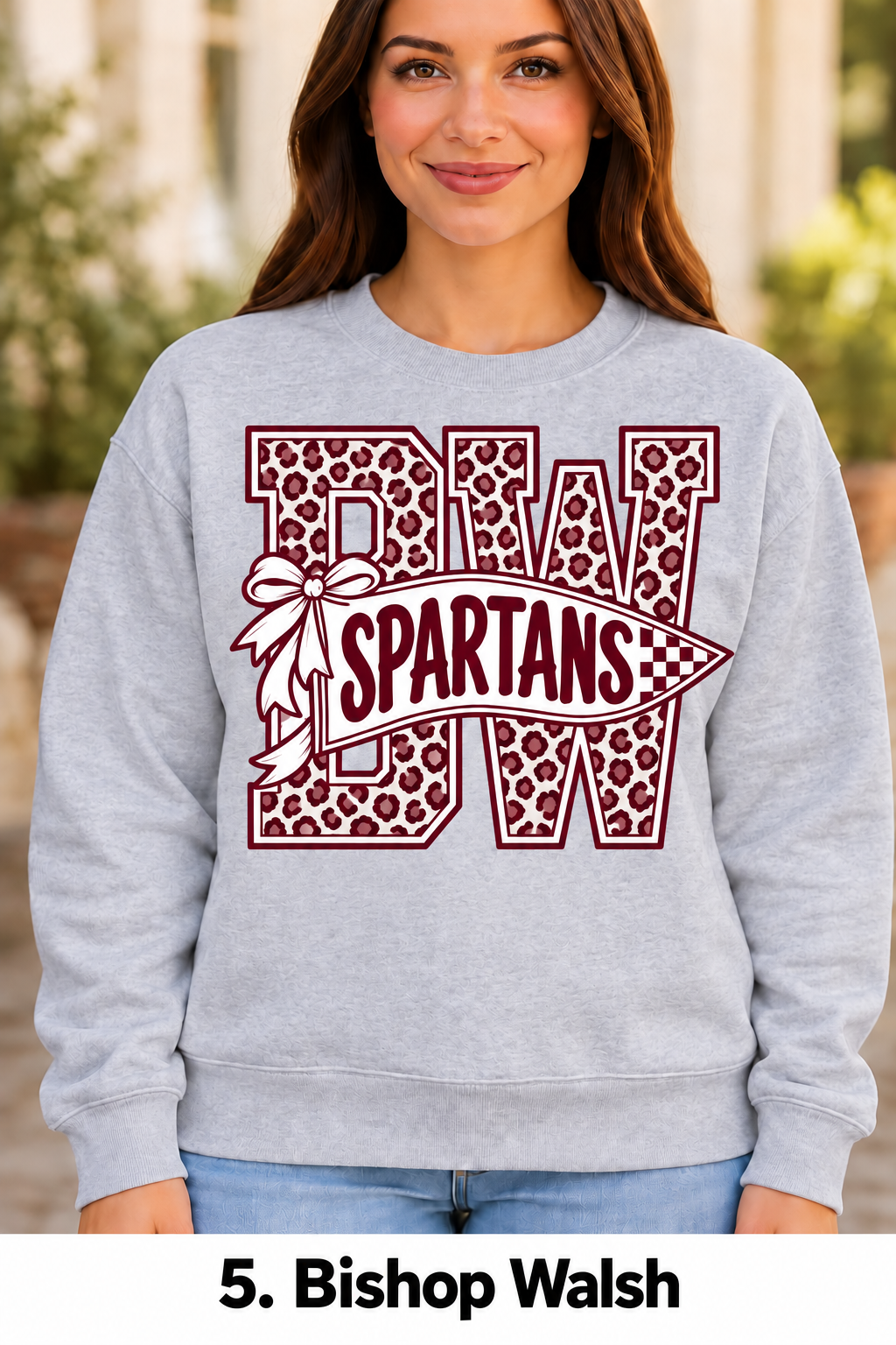 Bishop Walsh Cheetah Pennant Bow Sport Gray Crewneck