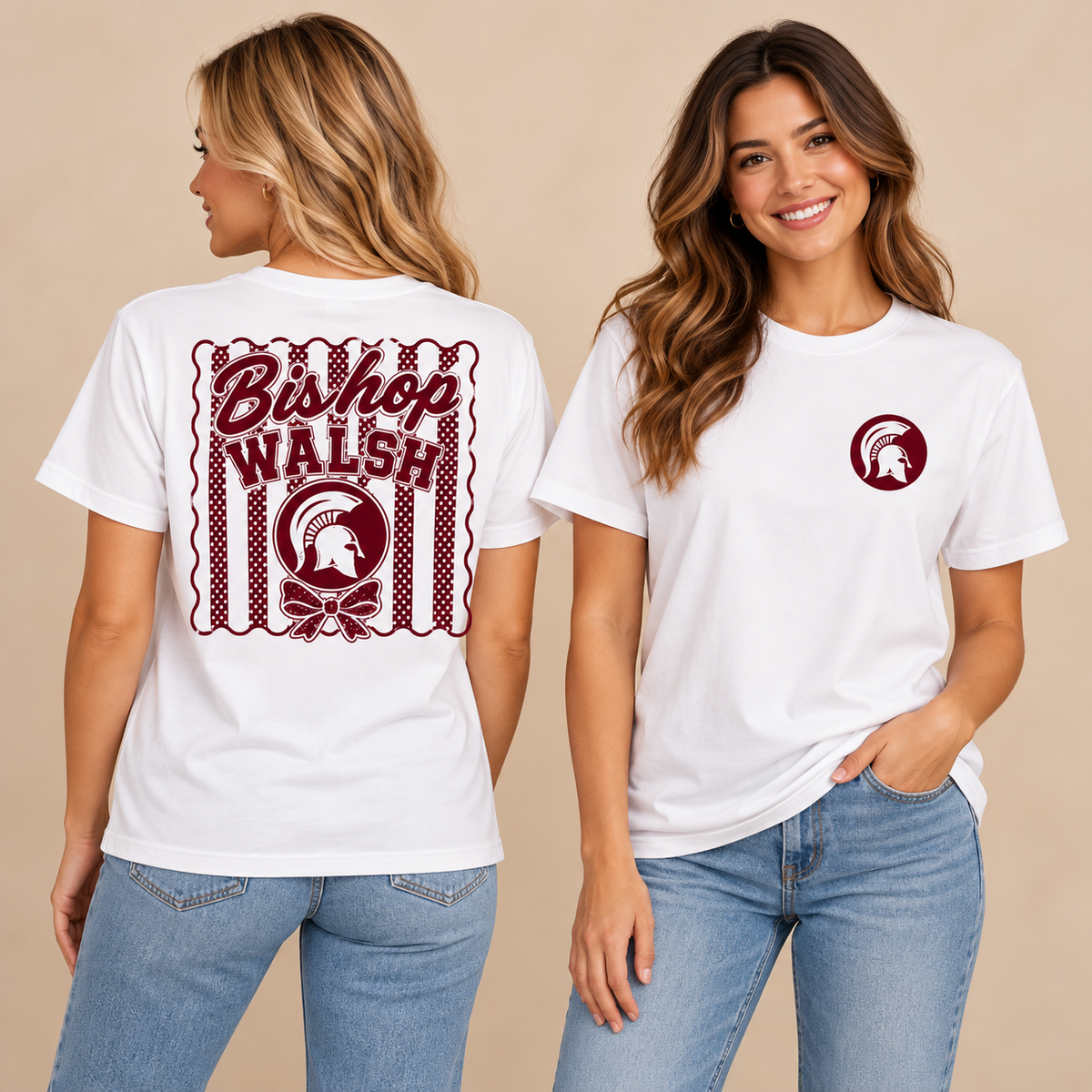 Women modeling front and back of white Bishop Walsh Spartan tee
