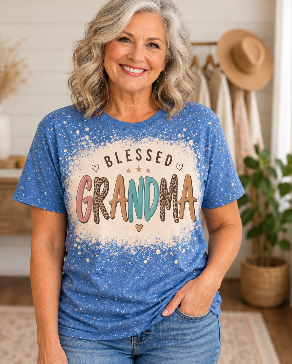 Blessed Grandma blue bleached T-shirt on an older woman