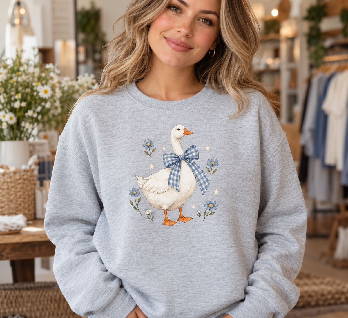 Blue gingham bow goose ash crewneck