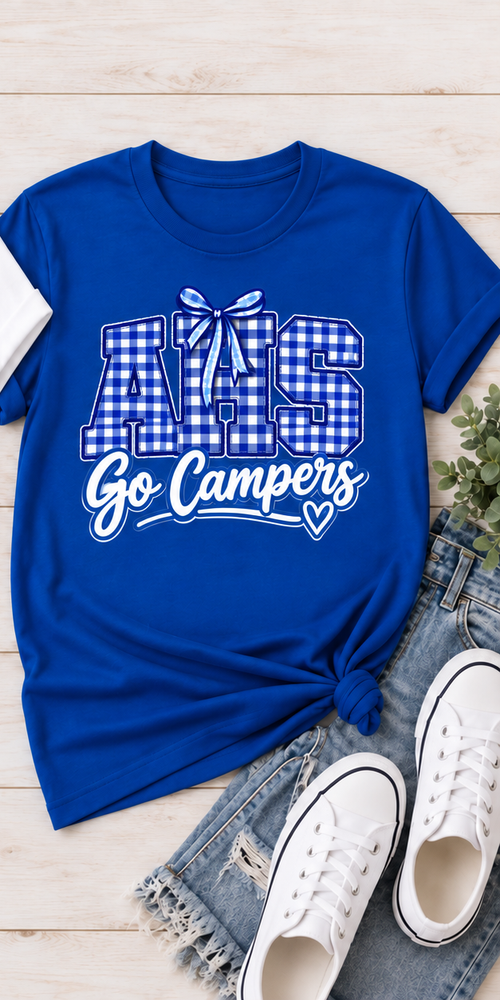Allegany AHS Gingham Bow T-Shirt — Royal individual mockup