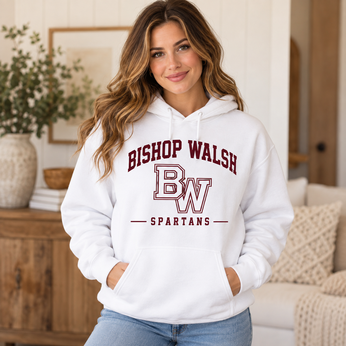 Bishop Walsh Spartans Athletic Hoodie in White on woman model
