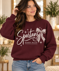 Bishop Walsh Script & Bow maroon Crewneck on boutique model