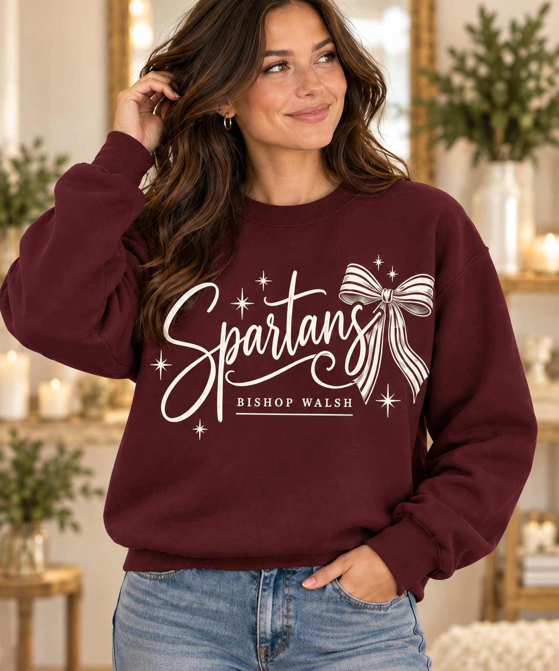 Bishop Walsh Script & Bow maroon Crewneck on boutique model