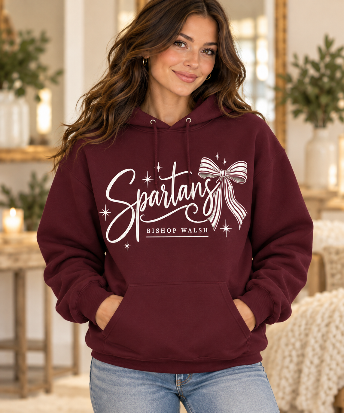 Bishop Walsh Script & Bow maroon Hoodie on boutique model