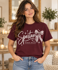 Bishop Walsh Script & Bow maroon T-Shirt on boutique model