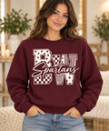 Bishop Walsh Patchwork BW maroon Crewneck on boutique model