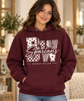 Bishop Walsh Patchwork BW maroon Hoodie on boutique model