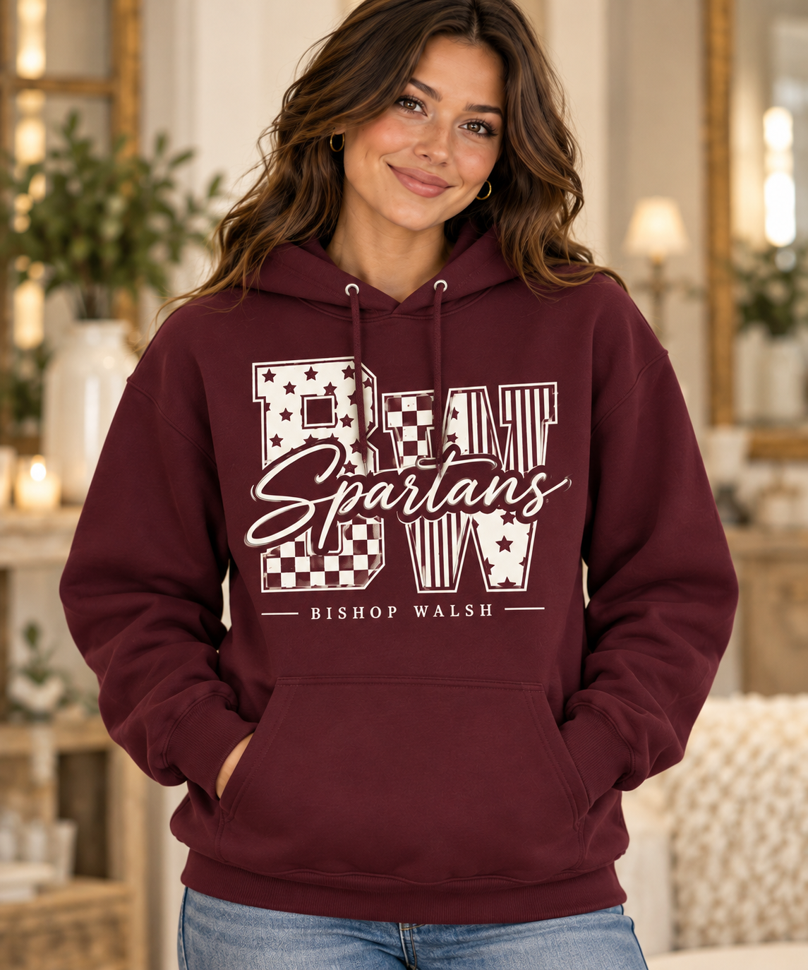 Bishop Walsh Patchwork BW maroon Hoodie on boutique model