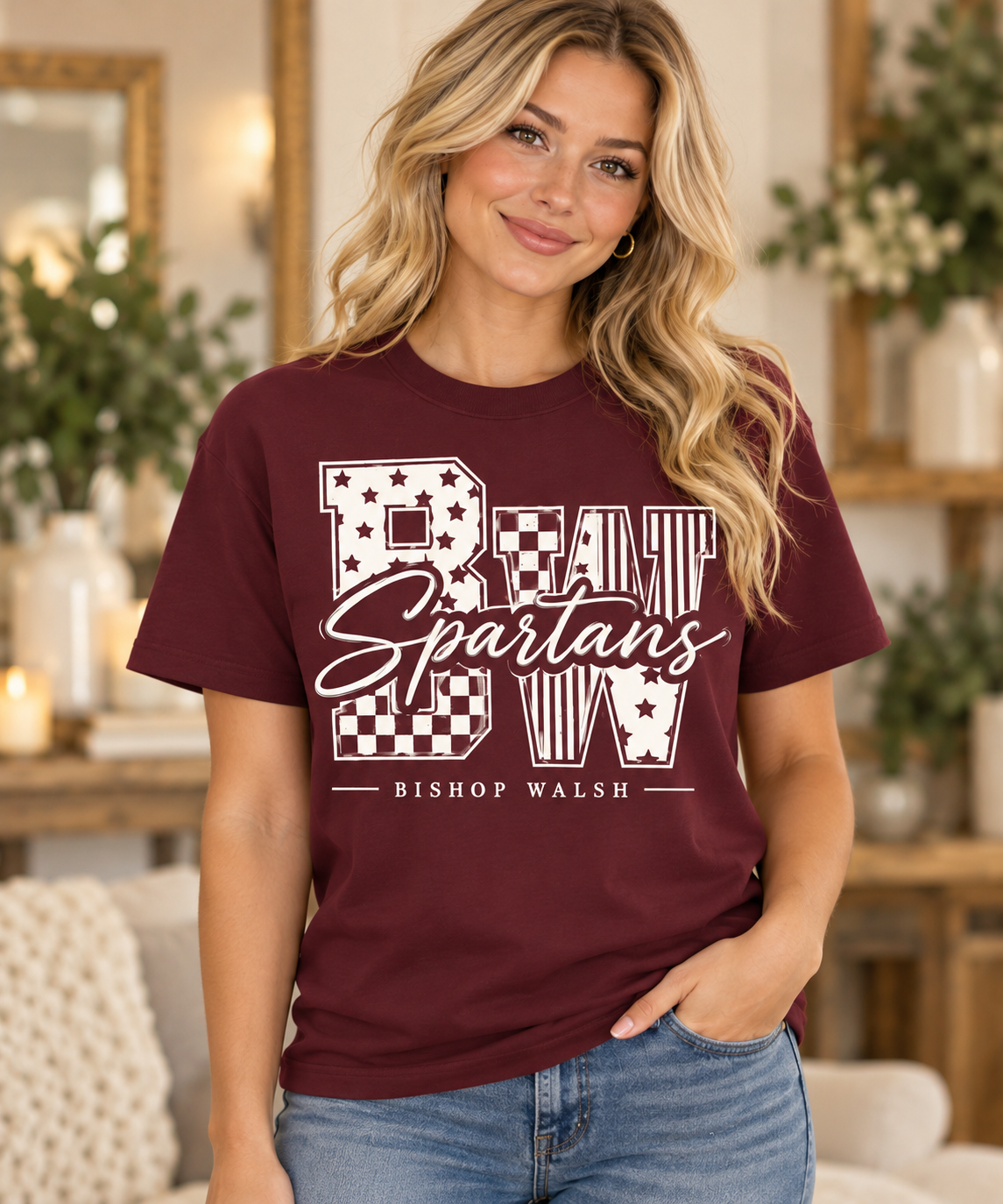 Bishop Walsh Patchwork BW maroon T-Shirt on boutique model