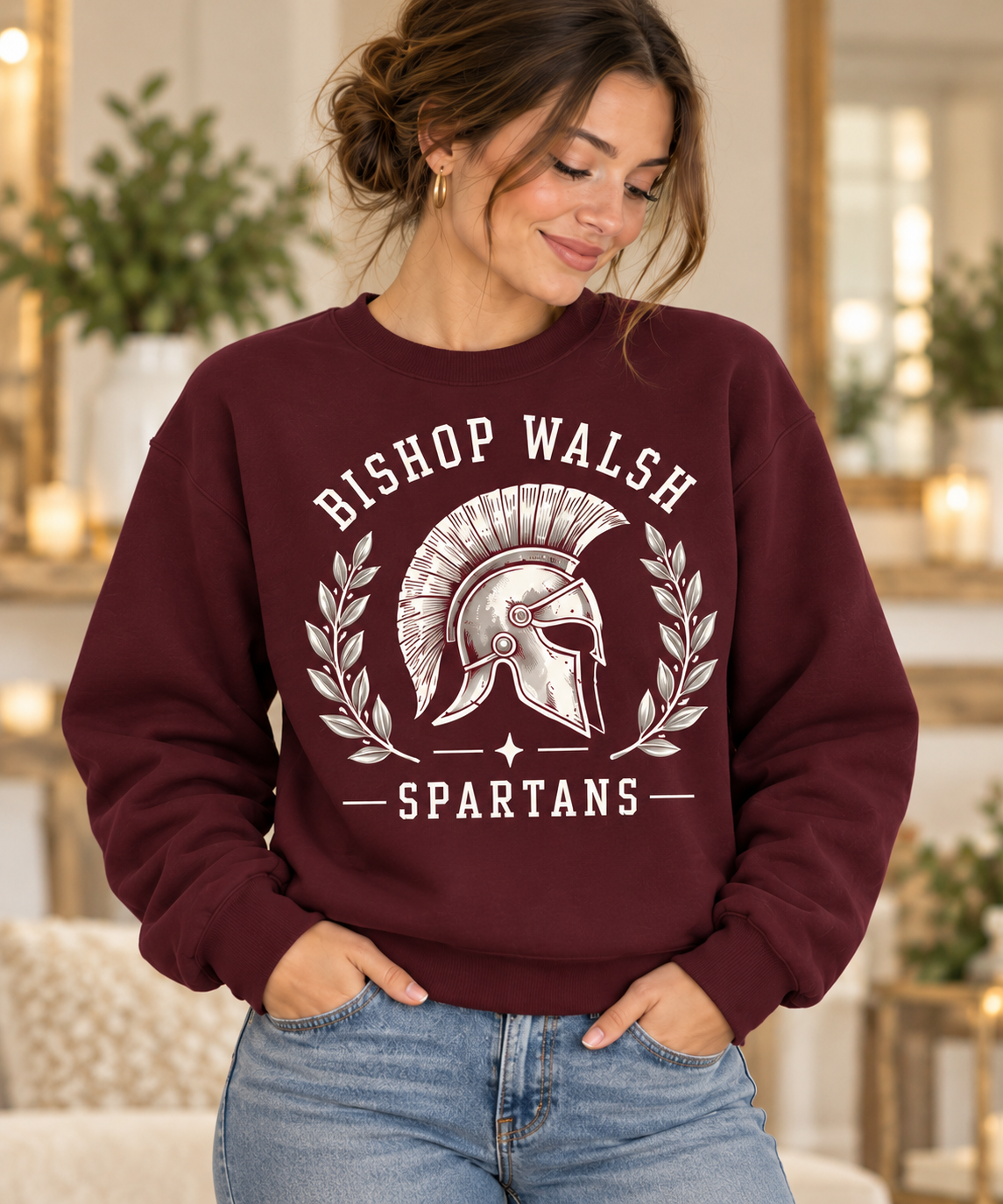 Bishop Walsh Spartan Heritage maroon Crewneck on boutique model
