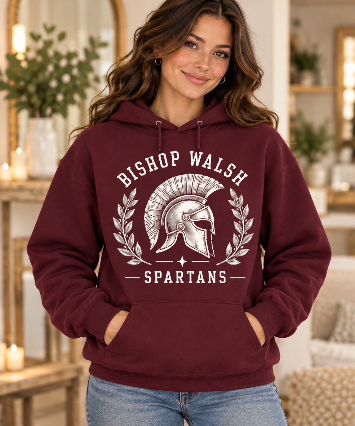 Bishop Walsh Spartan Heritage maroon Hoodie on boutique model