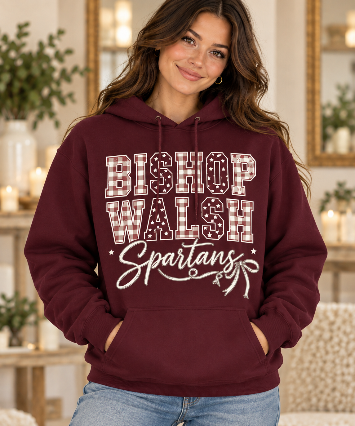 Bishop Walsh Bishop Walsh Varsity maroon Hoodie on boutique model