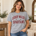 Bishop Walsh Spartans Vintage Varsity T-Shirt in Sport Gray on woman model